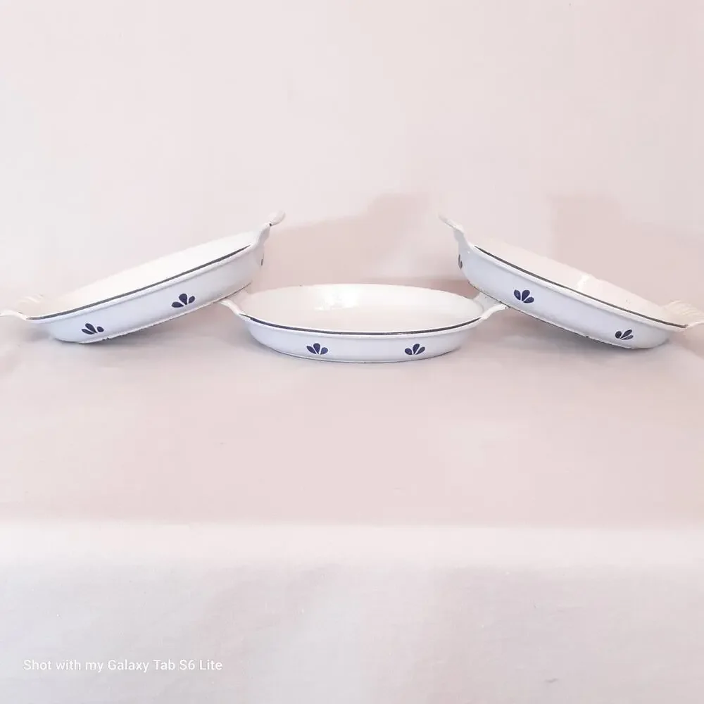 💎Vintage Holland Casserole Dishes Set Of Three Blue Enamel Cast Iron